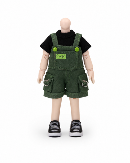 Handmade Doll Clothes Green Overall Shorts Set with Black Top