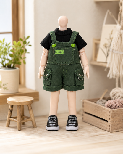 Handmade Doll Clothes Green Overall Shorts Set with Black Top